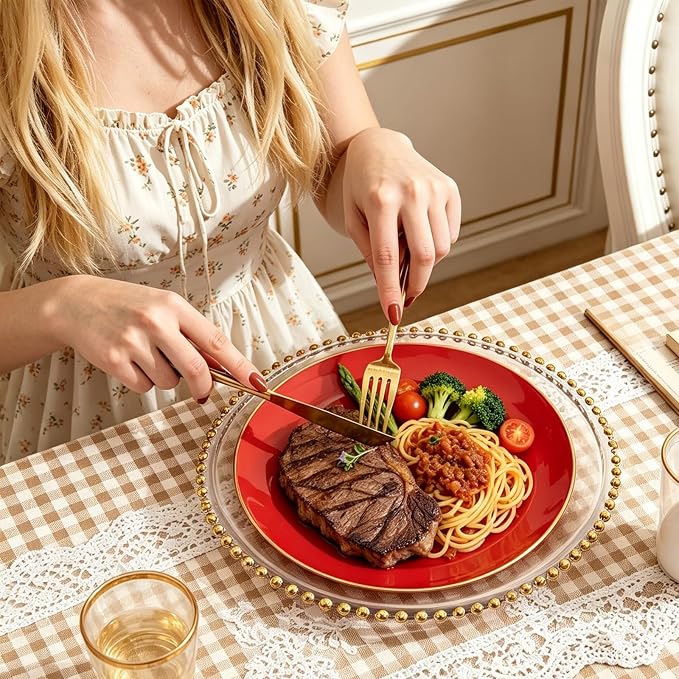 IOOOOO 150Pcs Red Plastic Plates,Red Disposable Plates with Gold Rim | Sturdy Hard Disposable Plates Set Include 30 Dinner Plates,30 Dessert Plates, 90 Plastic Silverware Set for Wedding, Events.