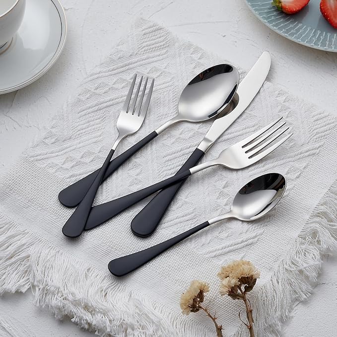 Black Silverware Set 20 Piece 18/0 Stainless Steel Flatware Black Handle Cutlery Set Service for 4 Black Forks Spoons and Knives Set unique silverware set Mirror Finish Dishwasher Safe