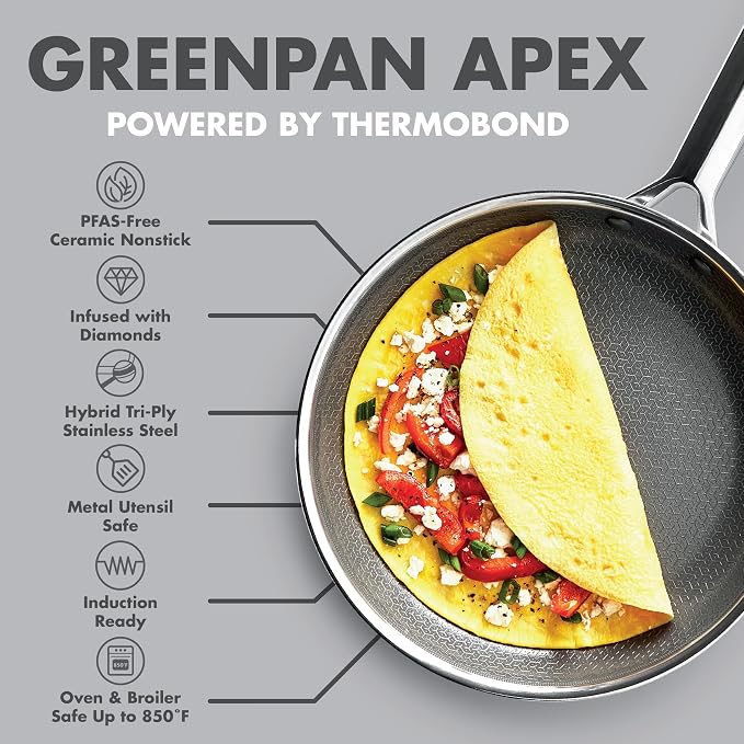 GreenPan Hybrid 8" Stainless Steel Frying Pan, Ceramic Nonstick Skillet | APEX Tri-Ply Pan, PFAS-Free Thermobond Nonstick, Induction & All Cooktop Compatible, Dishwasher & Oven Safe to 850F, Silver