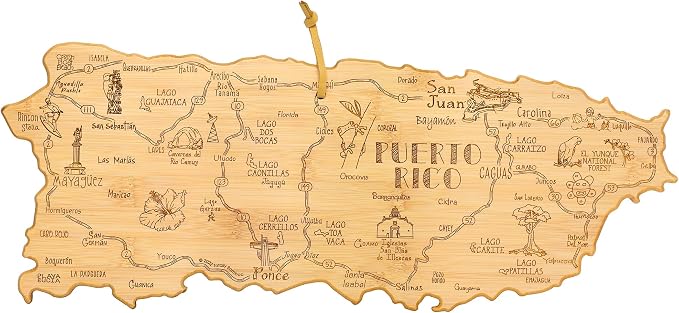 Totally Bamboo Destination Puerto Rico Cutting Board with Engraved Map Art | Puerto Rico shaped charcuterie board with engraved map art. Smooth back for food prep. Hang tie for wall display.