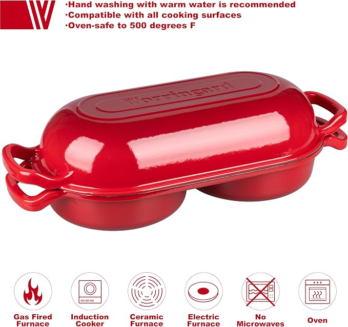 Enameled Cast Iron Double Dutch Oven with Lid, Dual Round Loaf Pan, Bread pan for Homemade Sourdough Bread Baking, Red