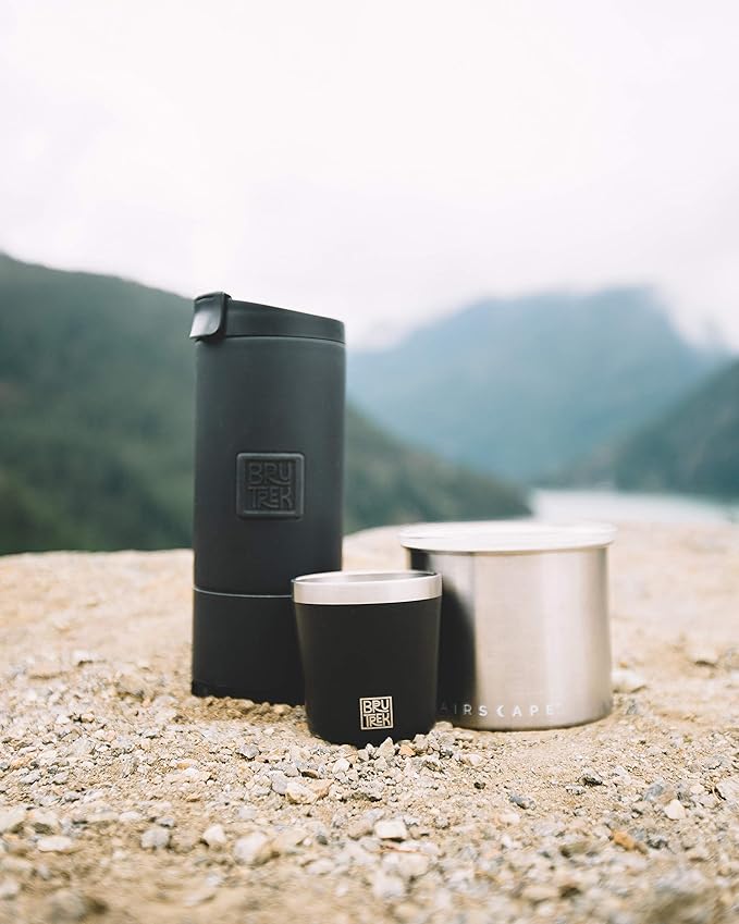 BruTrek | OVRLNDR Travel French Press | 24 fl.oz Drinkable Lid | Black | Capacity, Double Wall Vacuum Insulated, Easy To Clean Removable Bottom, No Spill Lid, On The Go Coffee Brewing (Obsidian)