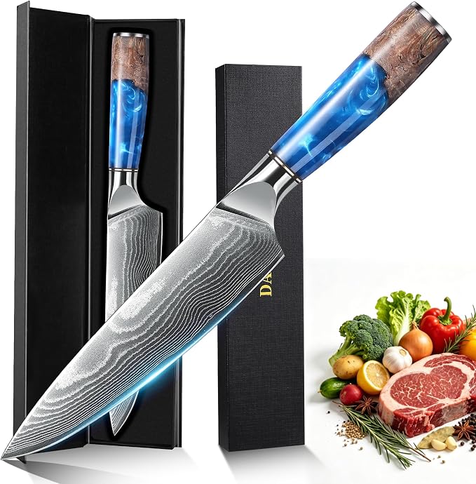 Damascus High Carbon Chefs Knife Ergonomic Handle(8In,BlueResin) | Japanese 67 Layers High Carbon Steel, Professional High-Class Ultra Sharp Cooking Knives Family & Restaurant, Gift Box