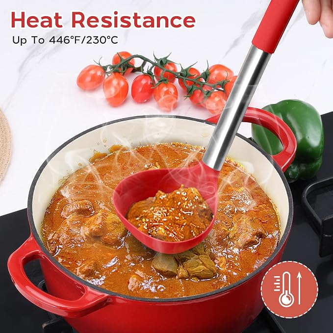 Onader 10 Pieces Silicone Kitchen Utensils Set, Cooking Utensils with Holder and Heat Resistant Stainless Steel Handle for Nonstick Cookware -Red