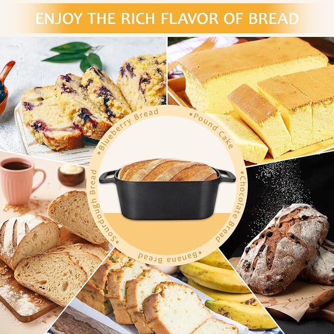 3.6 QT Cast Iron Loaf Bread Pan with Lid, Oval Dutch Oven for Bread Baking | Pre-Seasoned, Even Heat, Easy Release, Heavy-Duty, Oven Mitts & Recipe Book Included