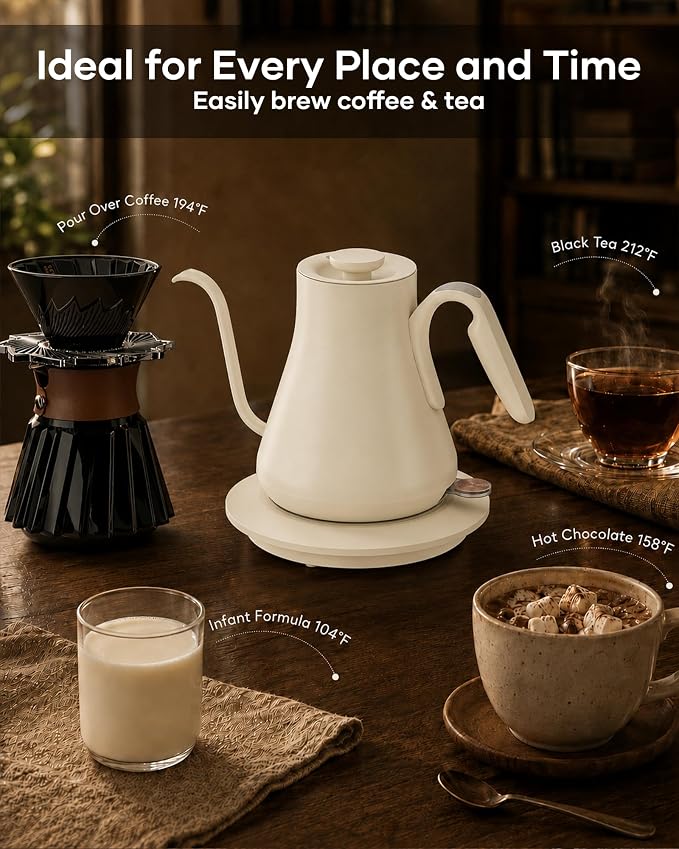 Cocinare Gooseneck Electric Kettle 0.8L, Fast Boil Pour Over Coffee, Tea | 1440W Fast Boil, 304 Stainless Steel Interior, Gooseneck Precision Spout, Auto Shut-Off & Boil-Dry Protection, Morandi White