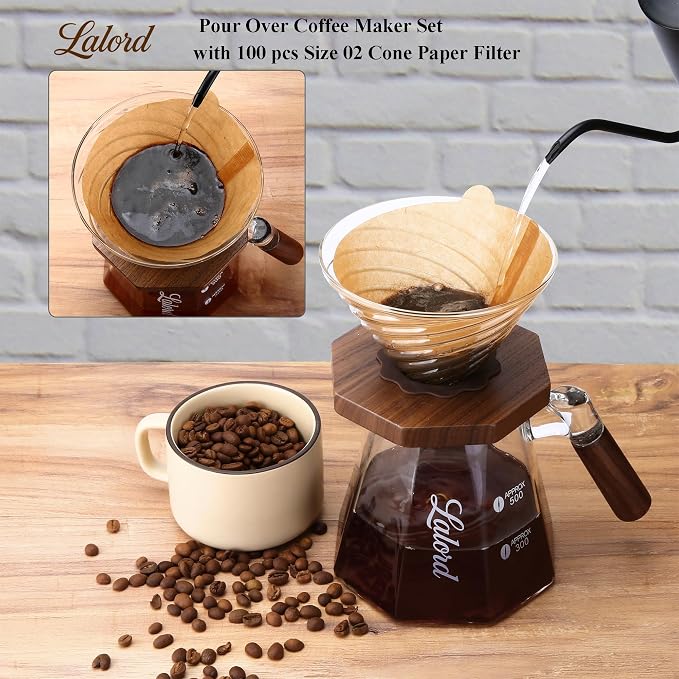 Lalord Pour Over Coffee Maker, 600ml/20oz Borosilicate Glass Set, 100 Paper Filters, Walnut Collar & Glass Lid, 1-3 Cups, Clear (B-600ml Set)