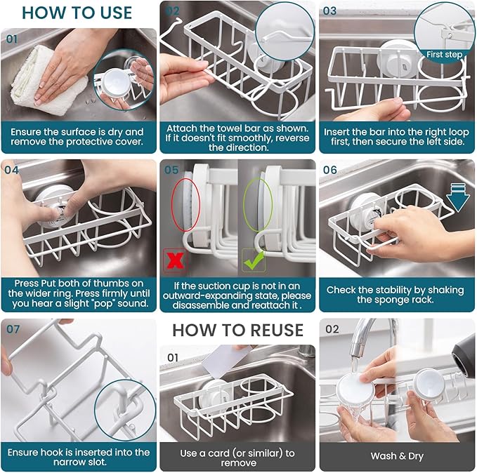 TAILI 4-in-1 Sink Sponge Holder for Kitchen with Strong Suction Cup-White | Removable Sink Caddy with Suction Cup, Rustproof 304 Stainless Steel Multi-compartment Sink Organizer for Sponge, Brushes