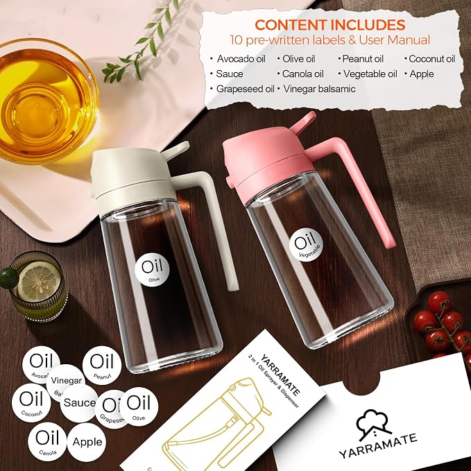 YARRAMATE 16 oz 2-in-1 Glass Olive Oil Sprayer for Cooking, Pink | Food-grade dispenser bottle, 470 ml, spray and pour, portion control, stickers included, for salad, frying and BBQ