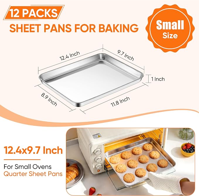 LIANYU Baking Sheet Pans, 12.4x9.7 Inch Cookie Baking Pans, 12 Pack | Commercial Grade Quarter Sheet Pan, Bakeware Cookie Tray, Mirror Finish, Non Toxic, Easy Clean, Dishwasher Safe, Bulk Set