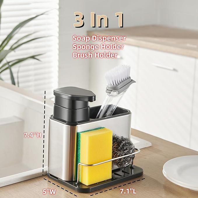 LIBODOUR 3-in-1 Kitchen Sink Caddy,Dish Soap Dispenser with Sponge Holder | Stainless Steel Dish Brush Scrubber with Sponge Holder for Kitchen & Bathroom