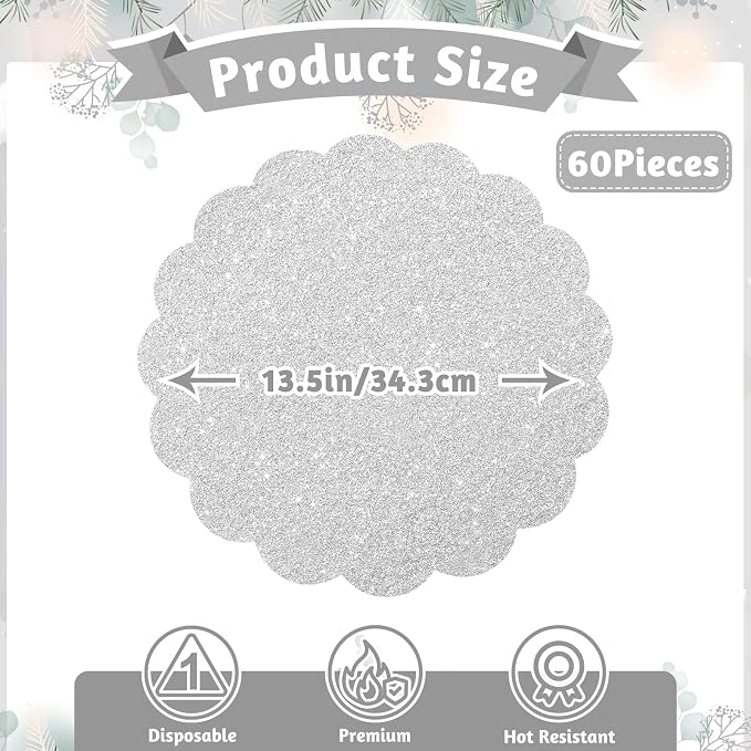 60 Pcs Silver Glitter Paper Placemats, Scalloped Disposable Placemat | 13.5 Inch Round Sparkle Table Place Mats Decorative Paper for Birthday Wedding Banquet Party