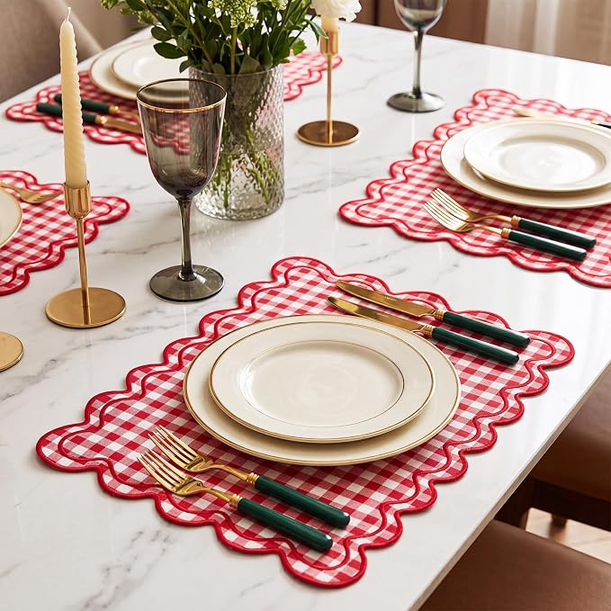 Linen Placemats Set of 12 Scalloped Placemat 13 X19 Wavy Embroidery Double Layered Washable Farmhouse Dinner Fabric Table Mat Napkin for Wedding Party Restaurant(Plaid,Red and White)