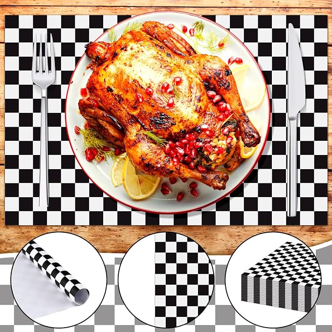 100 Pcs Checkered Paper Placemats Birthday Party Supplies Disposable Placemats for Kids Baby Shower Men Party Decorations Favors 11 x 17 Inch(Black, White)