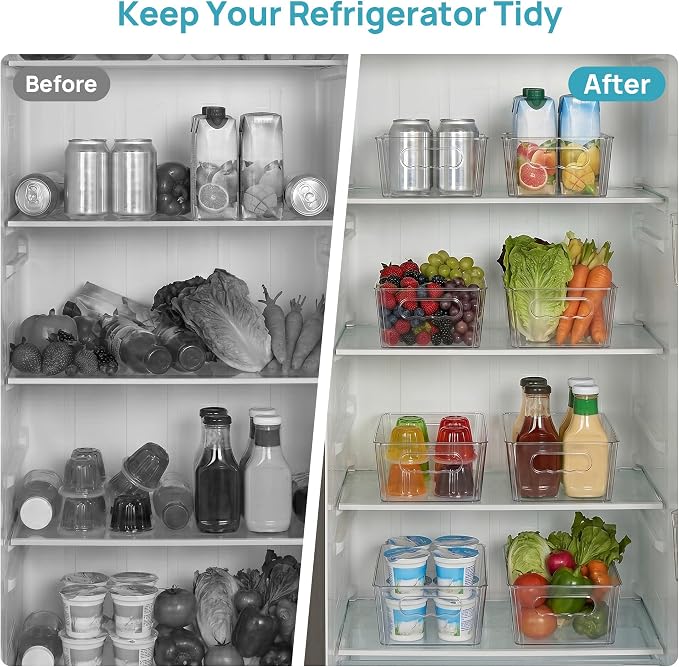 Vtopmart 6pcs Clear Storage Bins with Handles | BPA-free Plastic Storage Containers, Easy to Move, For Fridge Freezer, Pantry Cabinet Kitchen Organization, Built to Last