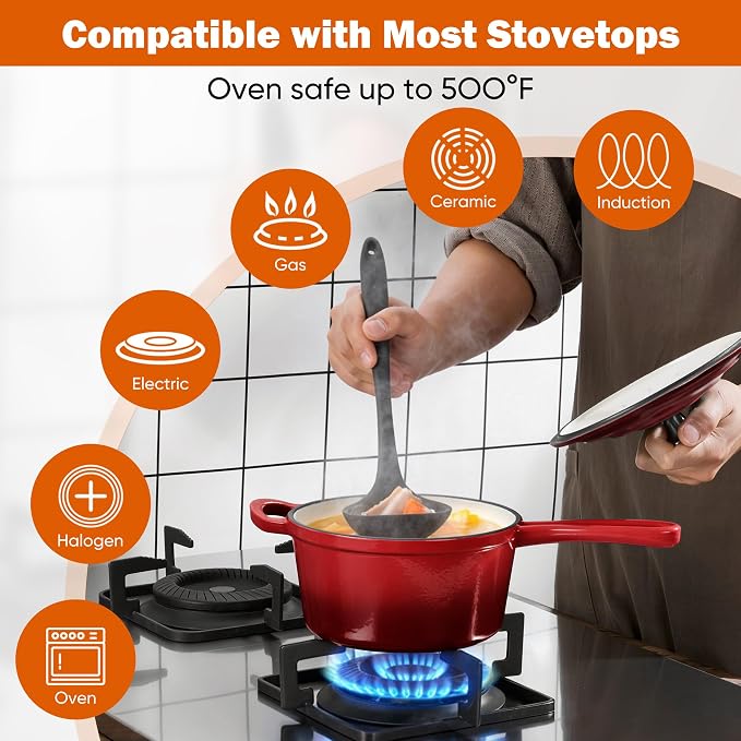 Homikit Small Sauce Pan with Lid, 2QT Enameled Cast Iron Saucepan, Enamel Cast Iron Sauce Cooking Pot Dutch Oven Kitchen Cookware for Making Pasta, Boiling Soup, Warming Milk, Red