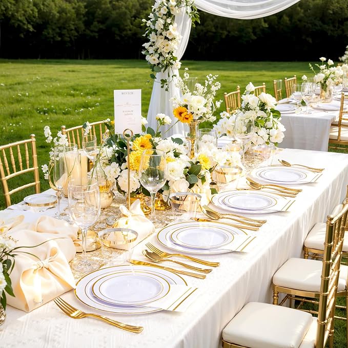GATHER 176PCS White and Gold Plastic Plates for Wedding and Party | Gold Disposable Plates include 50 Plates, 75 Silverware, 25 Napkins, 25 Cups, 1 Tablecloth for Bridal Shower