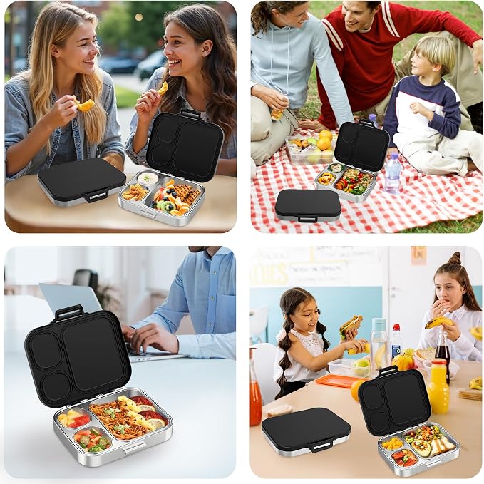 Pawtong Stainless Steel Bento Lunch Box for Kids | 3-Compartment Lunch Box Container Kids | 100% Leakproof, Eco-Friendly, Perfect Portion Control for Kids&Adult Healthy Meals (Black)