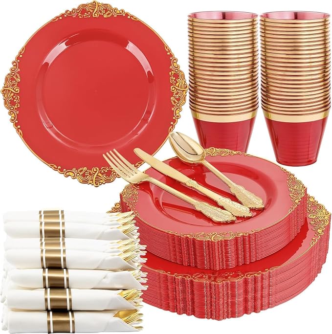 Nervure 175Pcs Red Plastic Plates, Disposable Party Plates for 25 Guests | 25 7.5" Dessert & 25 10.25" Dinner Plastic Plates, 75 Gold Cutlery, 25 9oz Cups, 25 Napkin for Wedding & Party, Heavy-duty