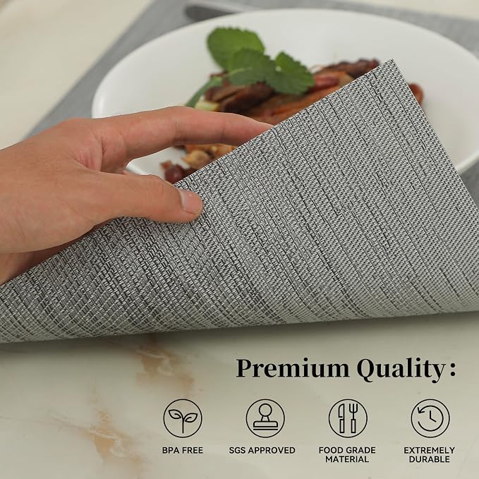 Leetaltree Grey Placemats, Heat Resistant Non-Slip Place mats for Dining Table, Washable Durable PVC Vinyl Woven Table Mats (Set of 12)