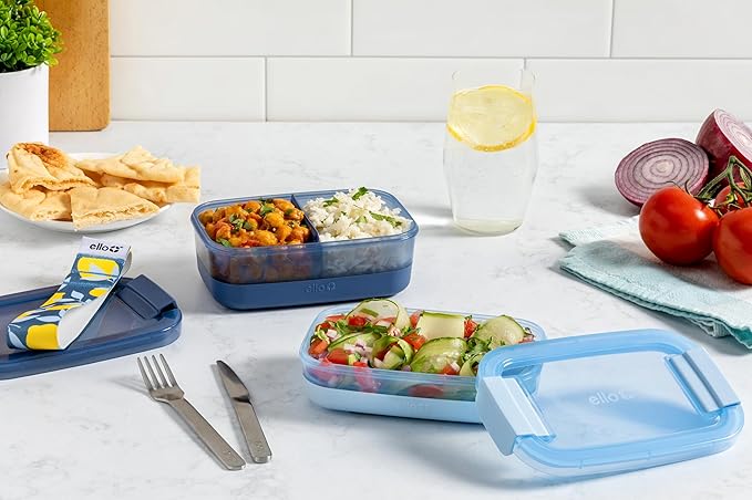 Ello Lunch Stack Bento Box Plastic Food Containers, 2 Pack, Blueberry | Leakproof bento box food containers, 2 pack. BPA-free, great for meal prepping, school & office lunches, and leftovers.