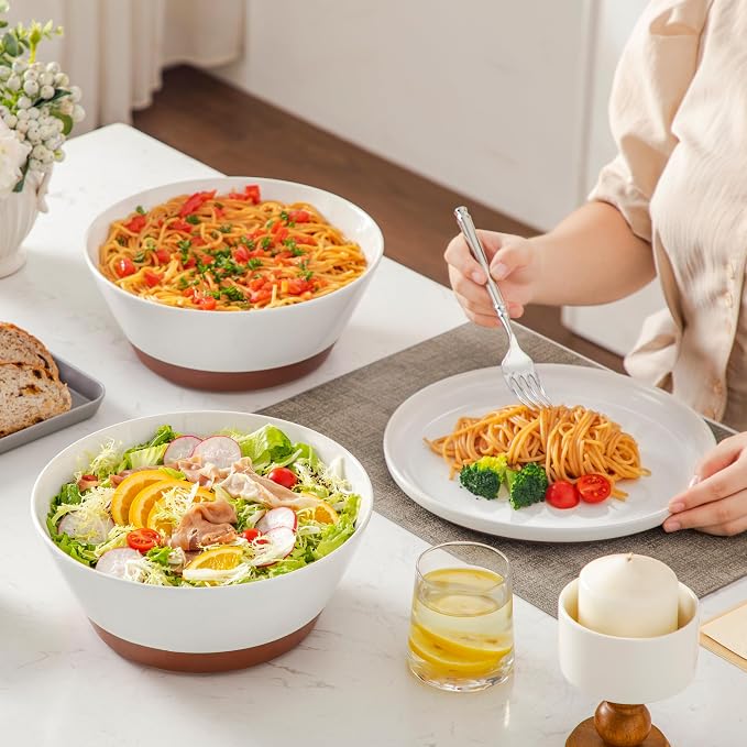 MALACASA Serving Bowls, 105oz Large Salad Bowls for Party, Entertaining | Big Ceramic Bowls for Soup, Fruit and Pho, 2-Pc Wide Bowl Set, Microwave & Dishwasher Safe, White & Brown, Series TARA