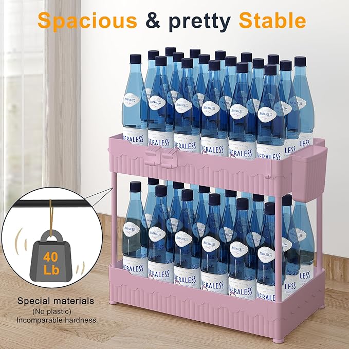 2-Pack Under Sink Organizer with Hooks & Hanging Cup for Kitchen | Multi-use kitchen & bathroom storage, 12.8 inch pink cabinet organizer, with hooks and hanging cup for easy access.