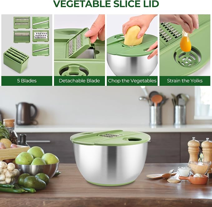 SUSTEAS Stainless Steel Salad Spinner, Lettuce Spinner with 5 Blade Slicer | Vegetables Wash Bowl, Fruits & Herb Lettuce Dryer with Egg Yolk Strainer for Efficient Salad Preparation and Food Washing