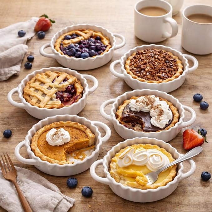5in Ceramic Mini Pie Pan Set of 6 with Handles for Pie Quiche Tart. Easy to grip, Lead-Free. 8 oz Ramekins Dish for Creme Brulee, Soufflés; Gifts for Baking Enthusiast. Oven Dishwasher Safe