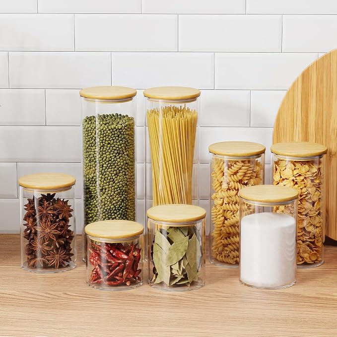 5 Pack MultiSize Glass Jar with Lid, Coffee Storage Canister for Candy | Seal, BPA-Free, Bamboo Lid, Coffee Bar Accessories, for Coffee Beans, Creamer, Salt, Overnight Oats, Brown sugar, Candy, Tea