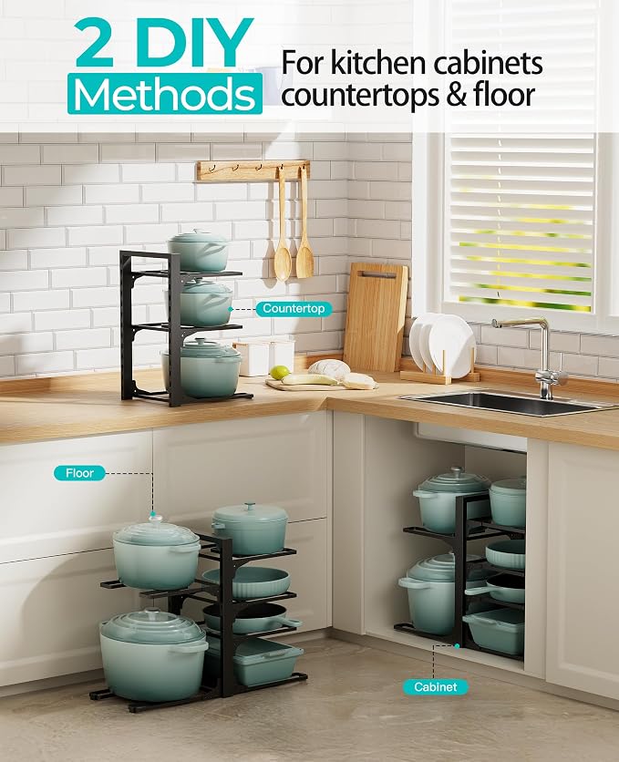 Pots and Pans Organizer Under Cabinet 13.8", 6-Tier Adjustable Rack | 2 DIY Modes, Tool-Free Assembly, Max 90 Lbs, Fits Cast Iron Pans, Dutch Ovens & Heavy Cookware, For Kitchen Cabinets