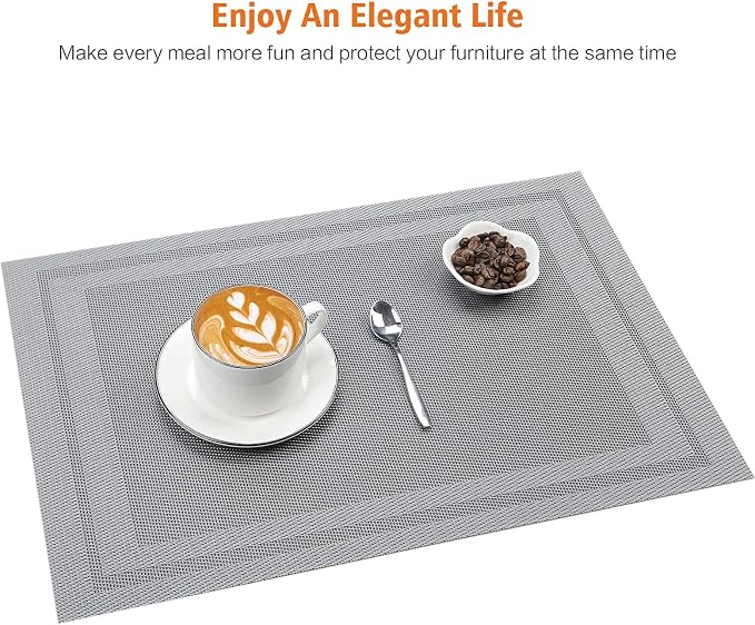 Gray Vinyl Placemats Set of 8,Washable Dining PVC Table Mats | Heat resistant, stain resistant non slip vinyl place mats, washable gray table placemats for dining table