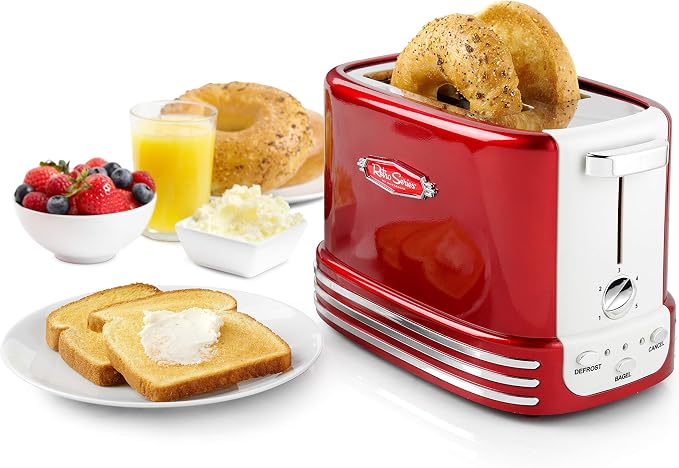 Nostalgia New and Improved Wide 2-Slice Toaster Perfect For Bread, English Muffins, Bagels, 5 Browning Levels, With Crumb Tray & Cord Storage, Retro Red