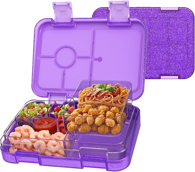 Bento Lunch Box for Kids, 5/6 Compartments, Shiny Purple and Clear | Dishwasher Safe Back to School Snack Bento Lunch Containers Boxes, Ideal Portion Sizes for On-the-Go Meal, Ages 3+, School