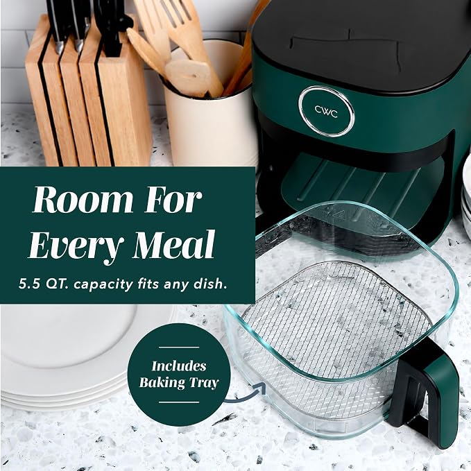 COOK WITH COLOR 1400W 5.5Qt Digital Kitchen Air Fryer with Glass Basket, 8 Presets Healthy Cooking Options, Bake, Fry, Reheat, 60-Min Timer, Adjustable Temperature Control 175°F–400°F, Sage