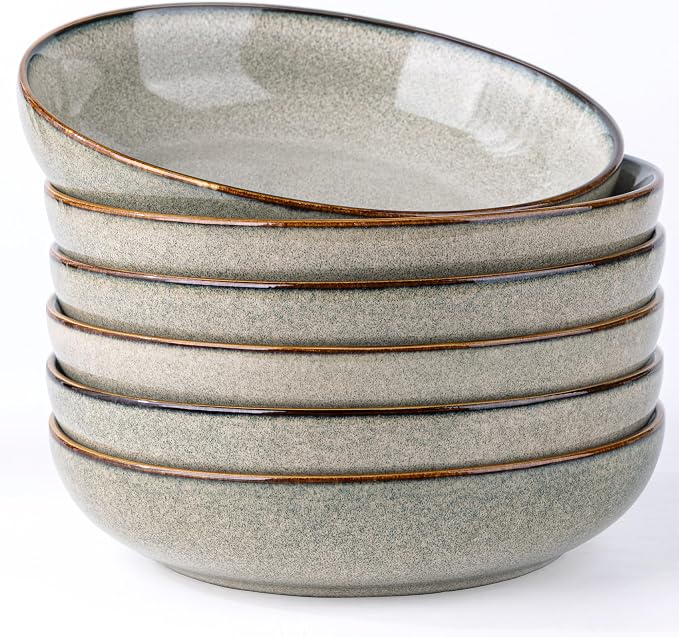 AmorArc 8.5’’ Ceramic Pasta Bowls Set of 6, 36oz Large Stoneware Bowls Set | Large Dinner Serving Bowls Set, Wide Bowl Plate for Pasta,Salad, Soup, Microwave Safe, Reactive Glaze-Green Wheat