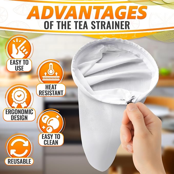 5.3 In Thai Tea Strainer, Fine Mesh Cloth, Stainless Steel Handle | Large Tea Strainer for Loose Tea, Long Steel Handle, Reusable, Easy to Clean, Cotton Muslin, Suitable for Milk, Juice & Vine