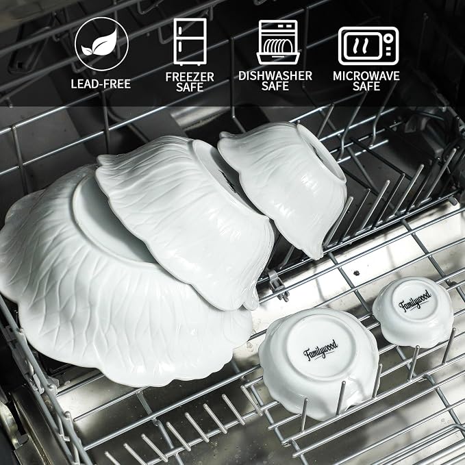 Porcelain Leaf Serving Bowls & Dishes Set – 5 Piece, 1-58 oz White Serving Bowls for Party, Entertaining, Salad, Soup & Snacks, Dishwasher & Microwave Safe