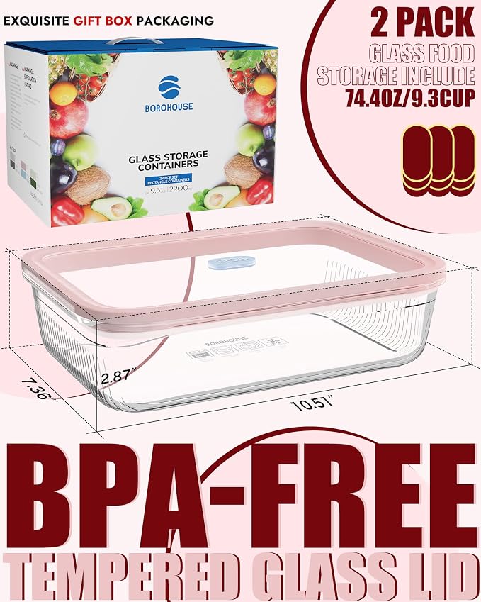 2-Pack 74oz(9.3 Cup) Baking & Meal Prep Containers, Borosilicate Glass with Tempered Lids & Steam Valve, Oven-Safe Airtight Food Storage Container Set, Gift Ready Luxury Packaging