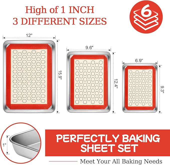 Baking Sheet with Silicone Baking Mat Set, Stainless Steel 3 Pans + 3 Mats | 9/10/12 Inches Cookie Sheets for Baking, CEKEE Baking Sheet Pan Set, Heavy Duty Design for Baking, Roasting and Cooking