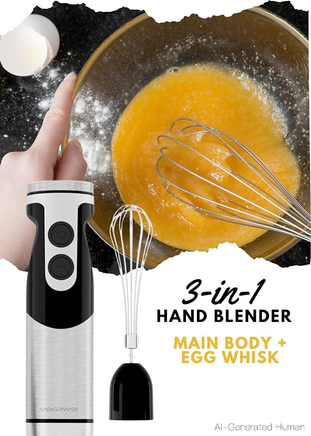 MegaWise Hand Blender, Immersion Blender Handheld 12-Speed with 80% Sharper Blades, Titanium Reinforced Stainless Steel 3-in-1 Immersion Blender,Includes Whisk and Milk Frother (3-in 1 Black)