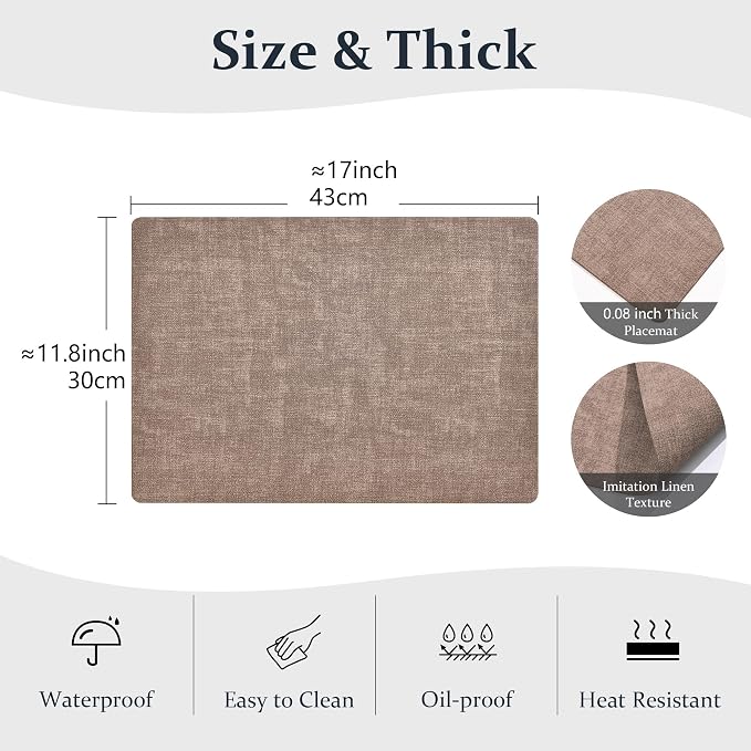 FROMHEART Faux Leather PU Placemats Set of 8 (Dark Coffee,11.8" x 17") | Waterproof,Heat/Oil Stain-Resistant Table Mat–Reversible,Non-Slip,Easy to Clean Place Mats for Kitchen,Dining,Indoor/Outdoor