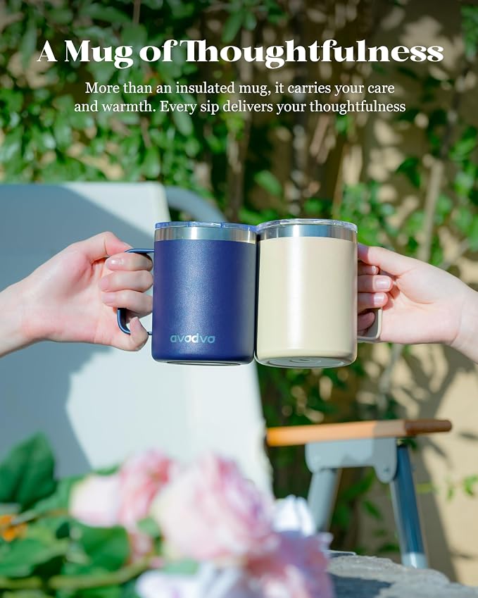 12oz Insulated Coffee Mug with Lid – Includes Two Lids, Stainless Steel Coffee Travel Mug with Handle, Double Wall Vacuum Insulated Camping Mug for Home, Office & Outdoor, Navy Blue