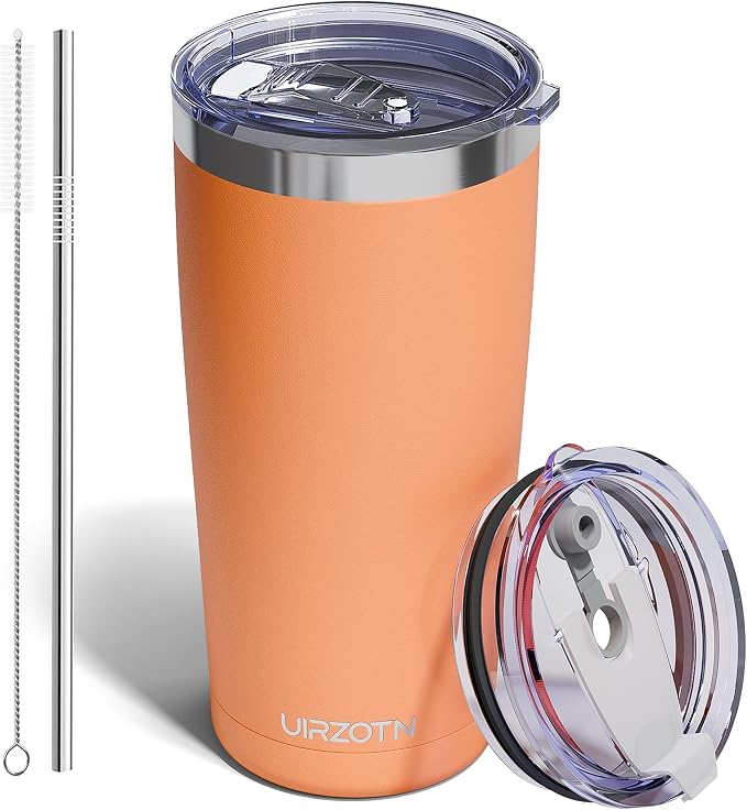 20oz Travel Coffee Tumbler with 2 Lids and Straw, Stainless Steel | Double Wall Vacuum Insulated Tumbler, Coffee Mug for Hot & Cold Drinks, Fits Most Car Cup Holders, Orange