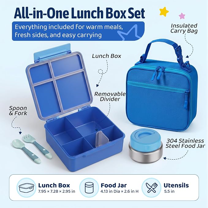 Bento Box for Kids with Thermo Food Container (9oz), 4-Compartment Lunch Box, Adjustable Divider, Leakproof Bento Lunch Box, Includes Utensils & Carry Bag for School, Office(Blue)