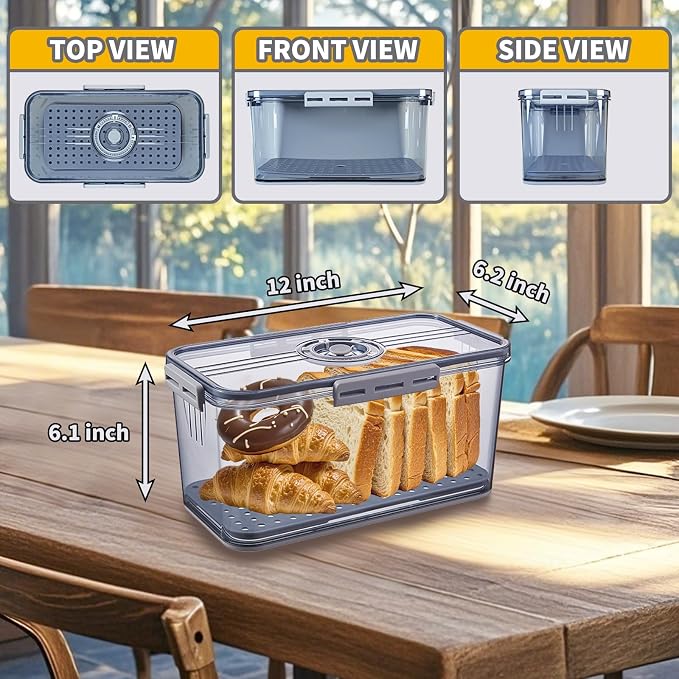 Airtight Bread Box for Kitchen Countertop, Gray, 2 PCS | Time Recording Dial, Multi-Use Food Storage, Container with Lid, Draining Tray, For Homemade Bread, Sourdough, Toast, Cookies