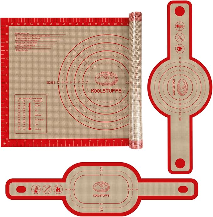 Koolstuffs Sourdough Silicone Bread Sling Set with Pastry Mat, 3 Pack | 26" x 16" Pastry Mat for Dough Prep, Round and Oval Slings for Dutch Ovens, Long Handles, Nonstick Reusable Design