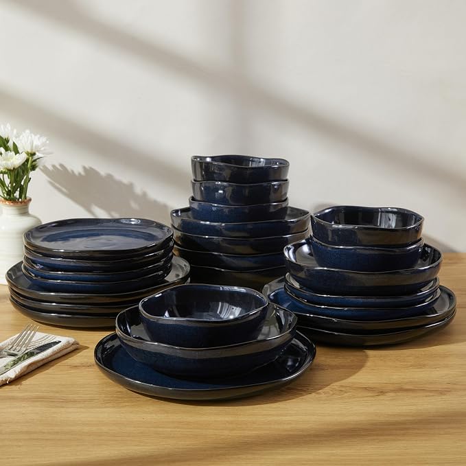 24 Pieces Dinnerware Set for 6 with Pasta Bowls, Complete Ceramic Dish Set, Stackable & Glossy Stoneware Plate and Bowl Set for Effortless Everyday Hosting, Starry Blue