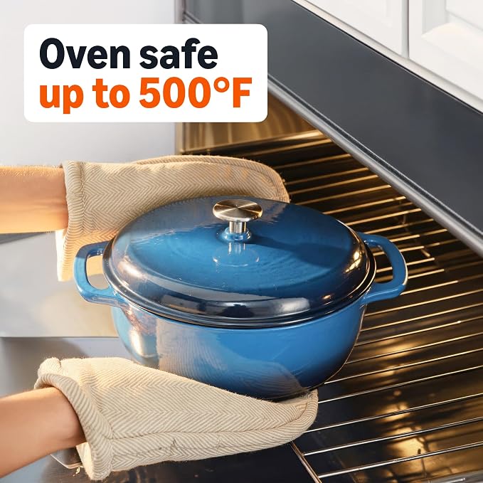 Amazon Basics Enameled Cast Iron Dutch Oven Pot with Lid, Round, Dual Handles, Heavy-Duty, Oven Safe for Stews, Roasting, Baking, 6-Quart, Blue