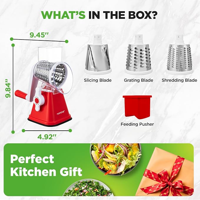 Nutrichef 3 in 1 Cheese Grater & Shredder | Strong Suction Base, Rotary Handle with Safety Lock | Includes Hand Crank & 3 Drum Blades for 3 Textures, Fine, Medium & Strips | Red
